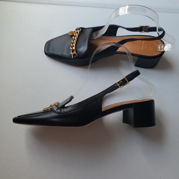 Tory Burch Shoes Womens Size 10 Black Chain Slingback Loafer Block Heel Leather - Picture 1 of 12